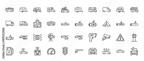 Transportation and travel line icon set. Vector pictograms of camper vans, trailers, buses, submarines, helicopters, surveillance cameras, car wash, and gas pump, thin linear illustration.
