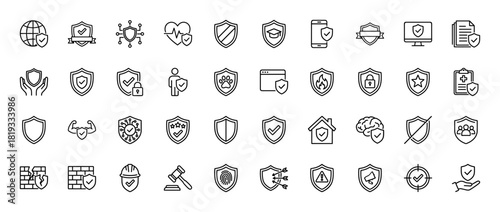 Security and protection line icon set. Vector pictograms of shield, padlock, hands, heart, house, document, firewall, and fingerprint, thin linear illustration.