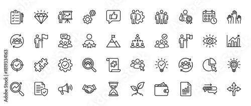 Business strategy line icon set. Vector pictograms of teamwork, presentation, target, idea, growth, success, planning, and analytics elements, thin linear illustration.