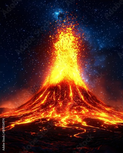 A stunning eruption of a volcano at night, with bright orange lava spewing into the starry sky, illuminating the dark landscape with a fiery glow.