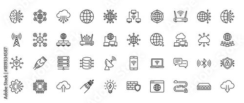 Technology and network line icon set. Vector pictograms depicting global connections, data storage, cloud computing, wireless devices, and cybersecurity, thin linear illustration.