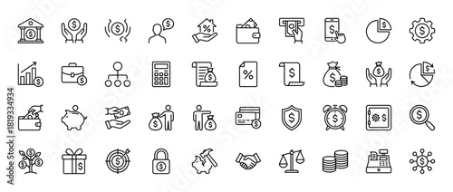 Finance line icon set. Vector pictograms of bank, wallet, money bags, charts, credit cards, piggy bank, safe, and handshake, thin linear illustration.