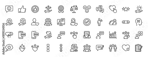 Customer feedback and satisfaction line icon set. Vector pictograms of thumbs up, stars, happy faces, hearts, speech bubbles, user profiles, and quality badges, thin linear illustration.