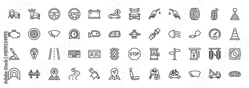 Automotive line icon set. Vector pictograms of car, wrench, battery, tire, engine, fuel pump, steering wheel, road, and traffic light, thin linear illustration.