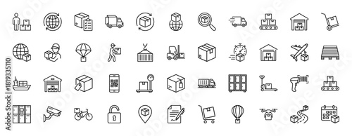 Logistics line icon set. Vector pictograms of packages, trucks, airplanes, warehouses, drones, and delivery personnel, thin linear illustration.
