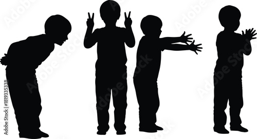 Child silhouette set, expressive body language, peace sign, crossed arms, forward lean, black on white, gesture icon, posture variation, youth emotion