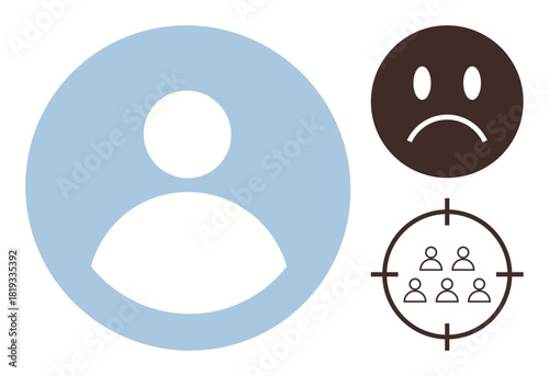 User profile icon, sad face, and group in crosshairs. Ideal for audience targeting, online identity, feedback, SEO, digital marketing analytics corporate strategy. Simple flat metaphor