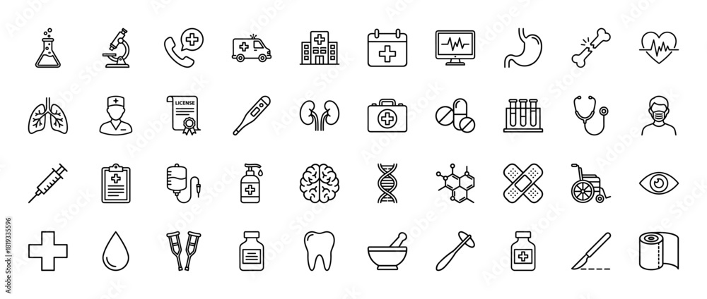 Obraz premium Medical and healthcare line icon set. Vector pictograms of ambulance, hospital, anatomy, drugs, instruments, and diagnostic tools, thin linear illustration.