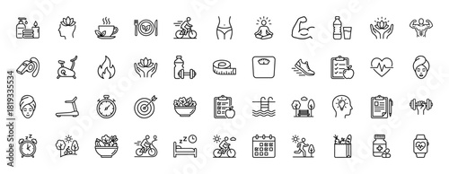Health and wellness line icon set. Vector pictograms of meditation, exercise, diet, self-care, and lifestyle activities, thin linear illustration.