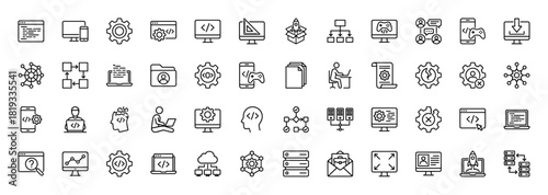 Software development line icon set. Vector pictograms of coding monitors, responsive design, data flow, server, cloud, database, and programming, thin linear illustration.