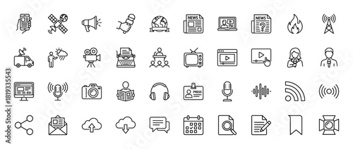 Journalism and media line icon set. Vector pictograms of newspaper, satellite, globe, microphone, laptop, smartphone, megaphone, camera, and television, thin linear illustration.