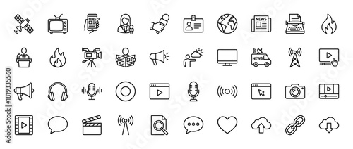 Media and communication line icon set. Vector pictograms for broadcasting, journalism, news, and digital content, featuring a thin linear illustration style.