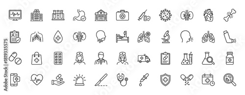 Medical line icon set. Vector pictograms of first aid kit, hospital, syringe, pills, organs, microscope, doctor, nurse, and lab equipment, thin linear illustration.