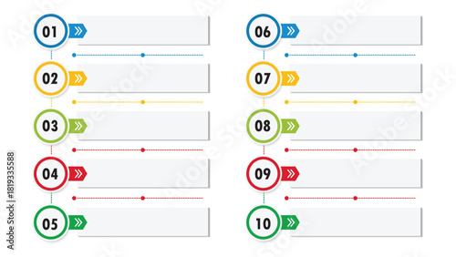 Infographic template with ten steps isolated on white background
