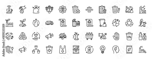 Waste management, recycling, and ecology thin line vector icon set featuring trash bins, recycling symbols, factories, organic waste, and energy concepts.