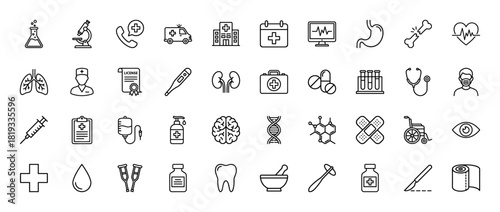 Medical and healthcare line icon set. Vector pictograms of ambulance, hospital, anatomy, drugs, instruments, and diagnostic tools, thin linear illustration.