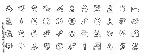 Mental health and psychology line icon set. Vector pictograms of brain, meditation, stress, anxiety, sleep, depression, empathy, puzzle, doctor, and growth, thin linear illustration.