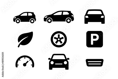 Car icon set: compact vehicles, eco-friendly symbols, and parking designs