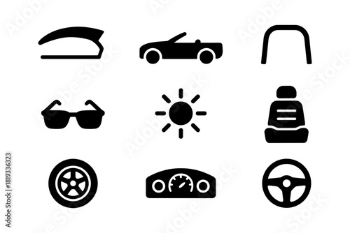 Car parts icons collection: sleek, simple silhouettes for automotive design projects