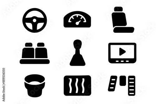 Car interior icons set: steering wheel, speedometer, seats, gear shift, entertainment system