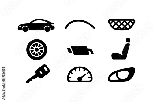 Car components icons set: minimal black silhouettes of automotive parts