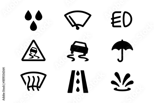 Car safety icon set featuring weather conditions and road hazards symbols