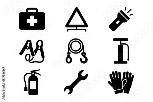 Essential car emergency kit icons set in black silhouette style