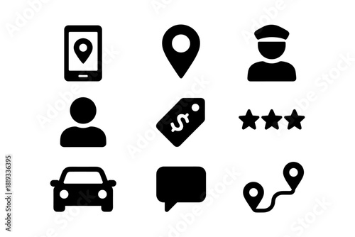 Rideshare app icon set: navigation, driver profile, and rating symbols
