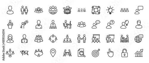 Business and human resources line icon set. Vector pictograms of people groups, teamwork, communication, idea generation, presentation, strategy, and management concepts, thin linear illustration.