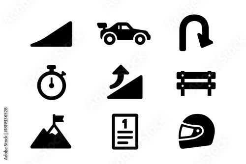 Racing and navigation icons: timer, helmet, u-turn, and more in bold design