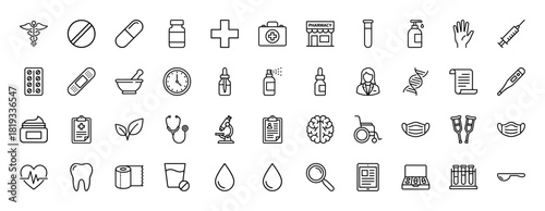 Medical healthcare line icon set. Vector pictograms of caduceus, pills, syringe, stethoscope, pharmacy, microscope, wheelchair, and brain, thin linear illustration.