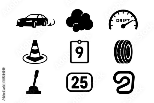 Car drift icons set: traffic elements in black silhouette style