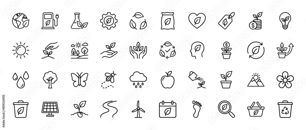 Fototapeta premium Eco-friendly line icon set. Vector pictograms of heart, recycle, globe, plant, sun, tree, water, wind turbine, solar panel, butterfly, apple, thin linear illustration.