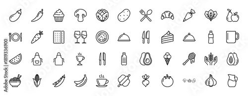 Food and cooking line icon set. Vector pictograms of potato, mushroom, cupcake, croissant, carrot, plate, knife, and apron, thin linear illustration.