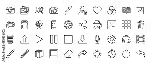 Photography and media line icon set. Vector pictograms of cameras, photos, editing tools, media controls, and interface elements, thin linear illustration.