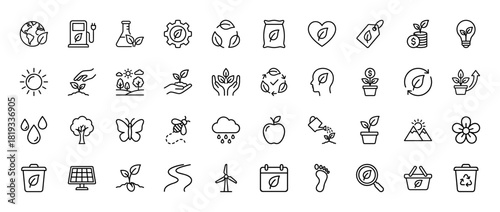 Eco-friendly line icon set. Vector pictograms of heart, recycle, globe, plant, sun, tree, water, wind turbine, solar panel, butterfly, apple, thin linear illustration.