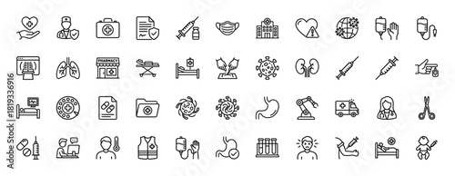 Medical line icon set. Vector pictograms of hospital, syringe, face mask, doctor, lungs, virus, first aid kit, and patient care, thin linear illustration.