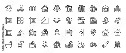 Real estate and construction line icon set. Vector pictograms of house, building, crane, for sale sign, keys, blueprint, garage, and excavator, thin linear illustration.
