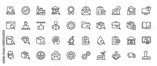 Quality control and inspection line icon set. Vector pictograms of verified badges, mail, package delivery, factories, research, documents, and logistics, thin linear illustration.