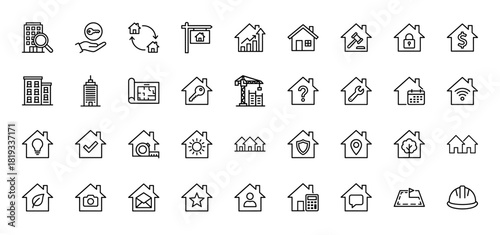 Real estate and housing line icon set. Vector pictograms of homes, buildings, construction, keys, for sale, finance, contracts, and property management, thin linear illustration.