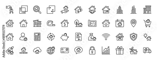 Real estate and housing line icon set. Vector pictograms of homes, buildings, keys, finance, maps, security, smart homes, and global property, thin linear illustration.