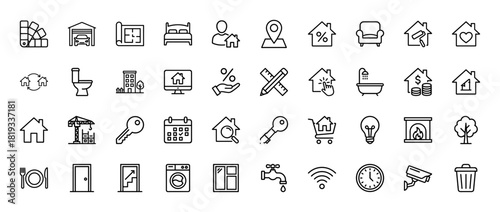 Real estate and home services line icon set. Vector pictograms of house, bed, garage, blueprint, construction crane, key, and washing machine, thin linear illustration.