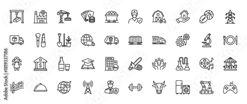 Diverse line icon set for various industries and services. Vector pictograms of factory, delivery truck, agriculture, banking, travel, education, and healthcare, thin linear illustration.