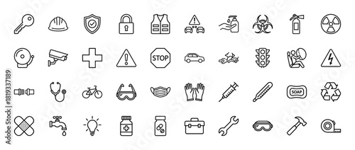 Safety, health, and industry pictogram icon set. Vector pictograms of shield, hard hat, wrench, toolbox, traffic light, and car, thin linear illustration.