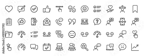 Customer feedback and review line icon set. Vector pictograms of satisfaction, rating stars, emoticons, chat bubbles, user interaction, and surveys, thin linear illustration.