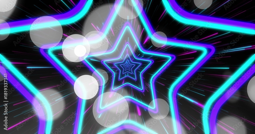 Fototapeta premium Glowing nested neon stars creating tunnel on dark backdrop, emitting cyan magenta streaks and bokeh