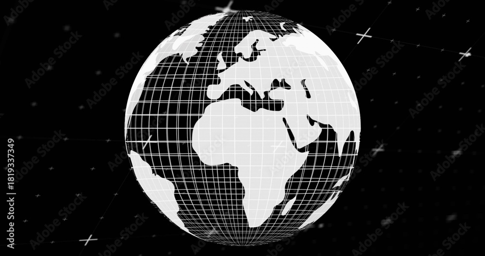 Fototapeta premium Rotating wireframe globe showing Africa Europe Mideast shapes in dark void with grid, stars, guides