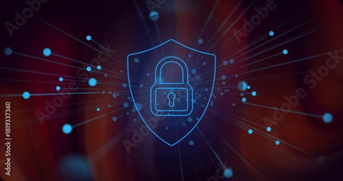 Glowing neon-blue padlock inside shield sending radial rays in cyber backdrop with blue orbs