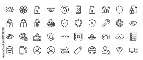 Cybersecurity line icon set. Vector pictograms of padlocks, shields, keys, fingerprints, eyes, firewall, server, cloud, and global data, thin linear illustration.