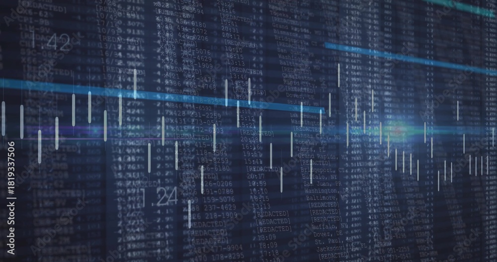 Obraz premium Displaying dashboard on dark screen with alphanumeric text, showing cyan trend line and white bars